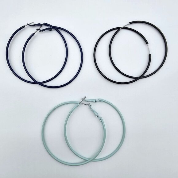 Large Hoop Earrings, Set of 3 Bundle | Black, Navy & Baby Blue - Picture 1 of 10